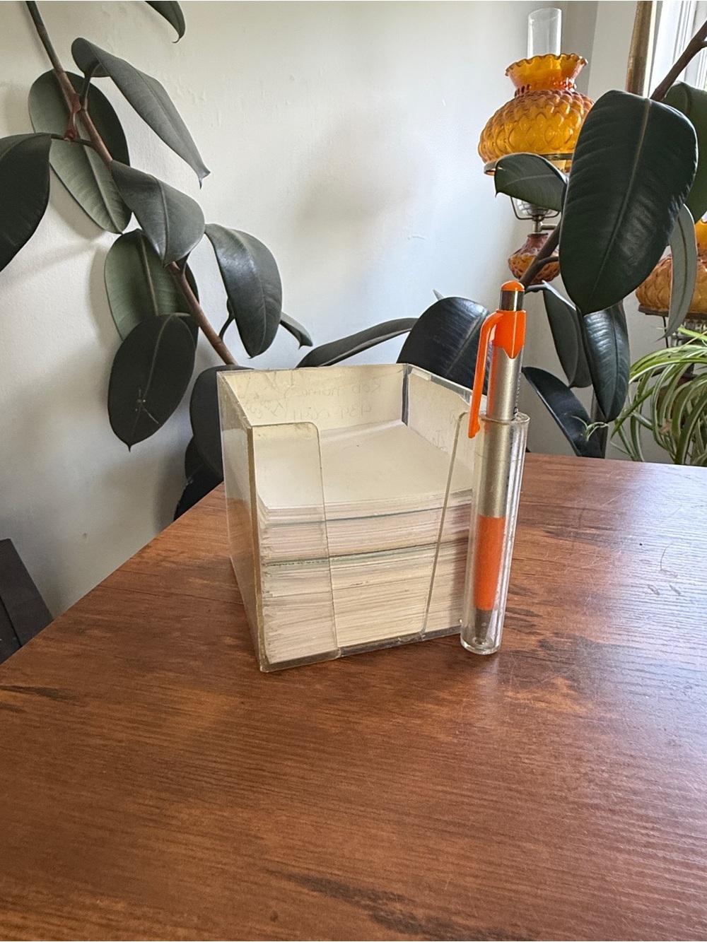 Vintage Clear Acrylic Memo Cube with Orange Ballpoint Pen
